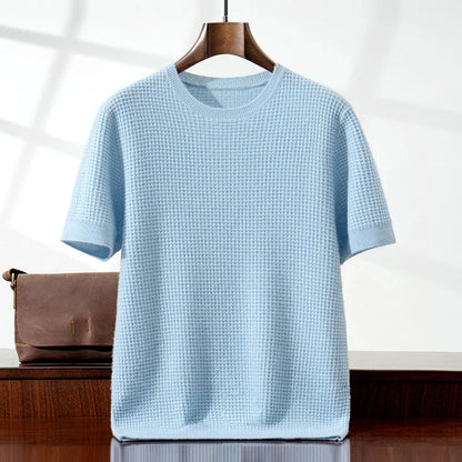 Men's 100% Cashmere Waffle Knit Round Neck Short Sleeve T-Shirt Casual Loose Pullover Vest New Autumn And Winter Sweaters Vesr