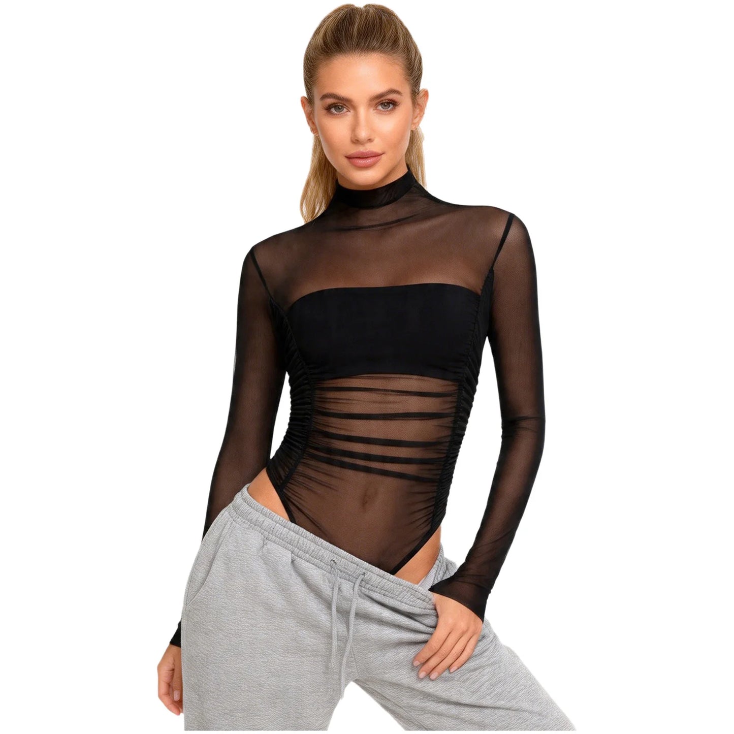 Womens Nightclub Beach Bodysuit Sheer Mesh Side Ruched High Collar Long Sleeve Button Crotch Leotard See Through Cover Up Outfit