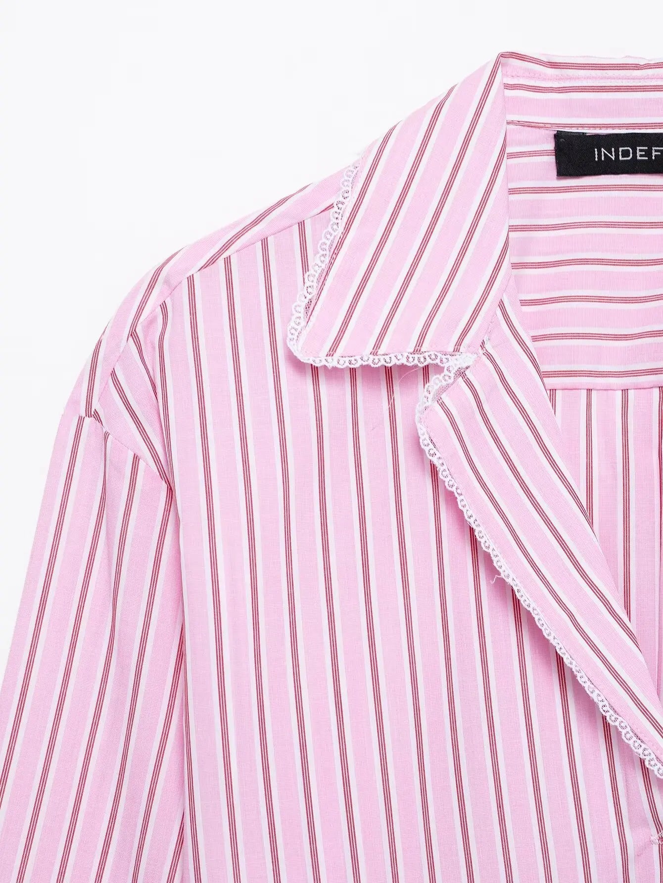 HH Women Striped Pants Suit Lapel Pocket Single-breasted Blouse+Side Zipper Lace Short Top+High Waist With Belt Poplin Pant