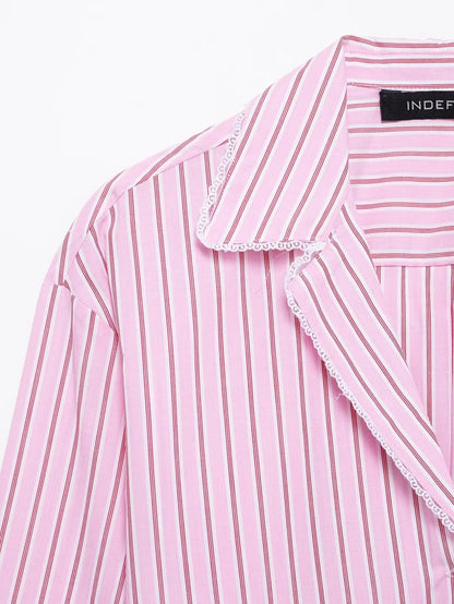 HH Women Striped Pants Suit Lapel Pocket Single-breasted Blouse+Side Zipper Lace Short Top+High Waist With Belt Poplin Pant
