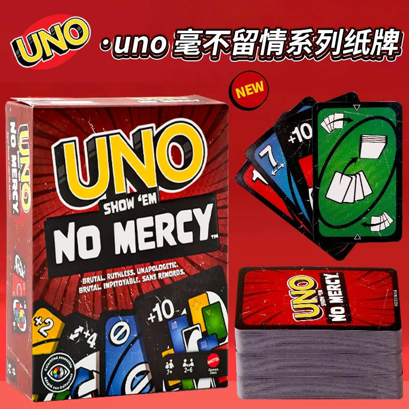 Original Mattel UNO Show ‘Em No Mercy Card Game Deck Poker Geunine Brand Christmas Gifts Family Parties/Travel Table Games