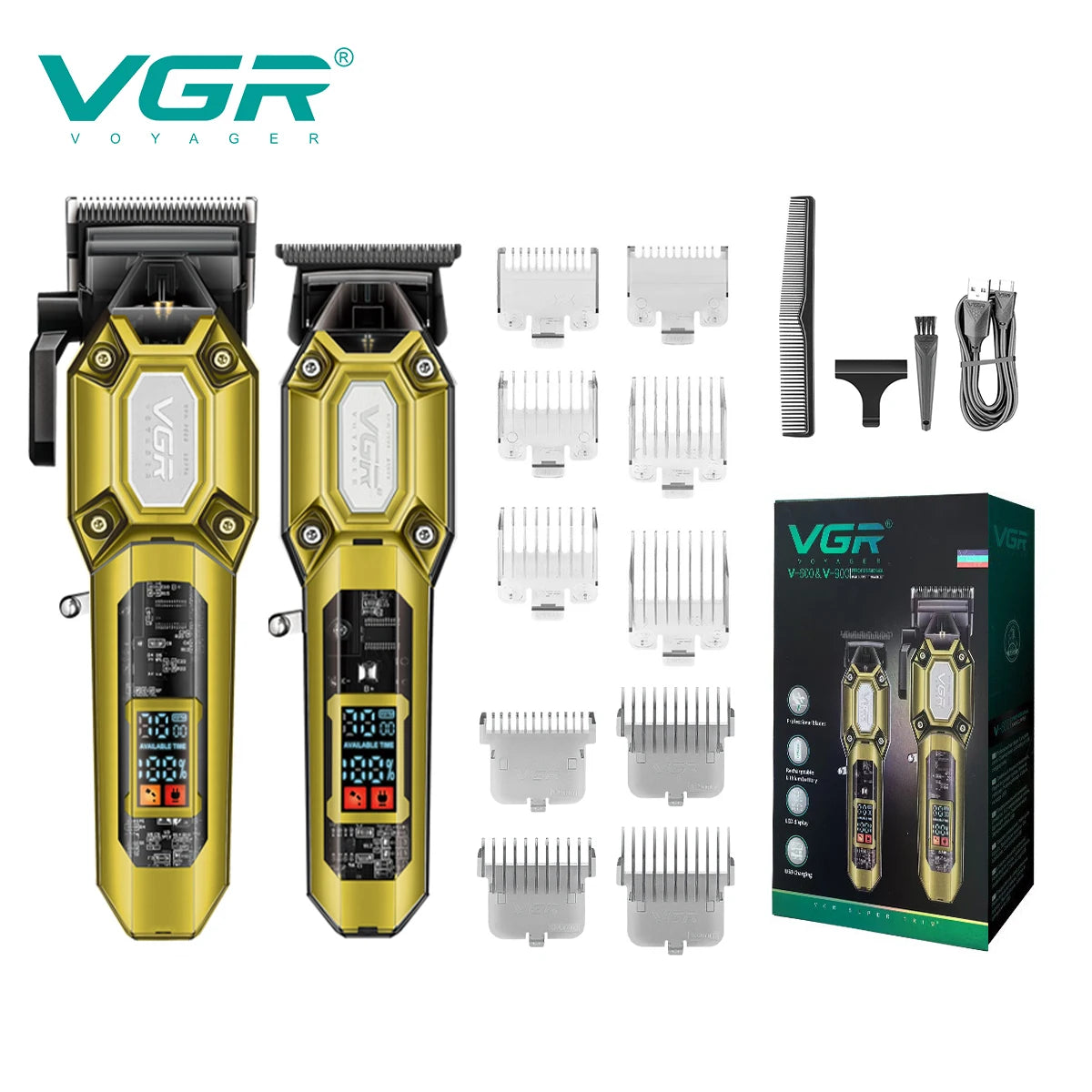 VGR V-600/V-900 Electric Hair Clipper Transparent Body Hair Trimmer LED Intelligent Digital Carving Electric Thruster Care Set