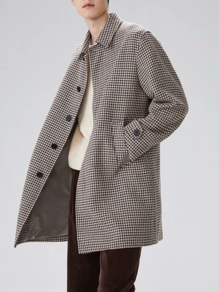 Retro Bird Pattern Woolen Coat Men's Mid-Length Turn-down Collar Classic Style Outerwear Fashionable Urban Youth Winter Jacket