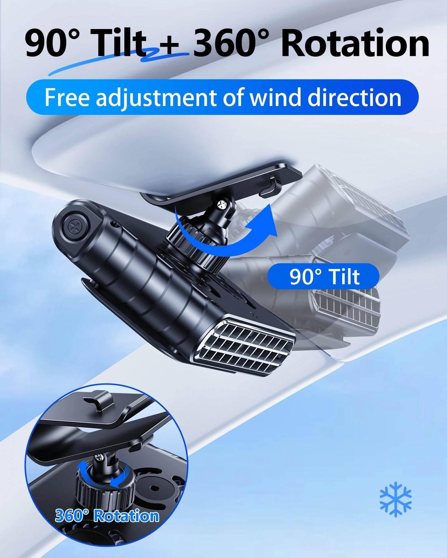 Eary Wireless Car Clip Fan for Sun Visor 3000mAh Rechargeable Portable Fan 360° Rotate 5 Speeds USB Cooling Clamp Cooler for SUV