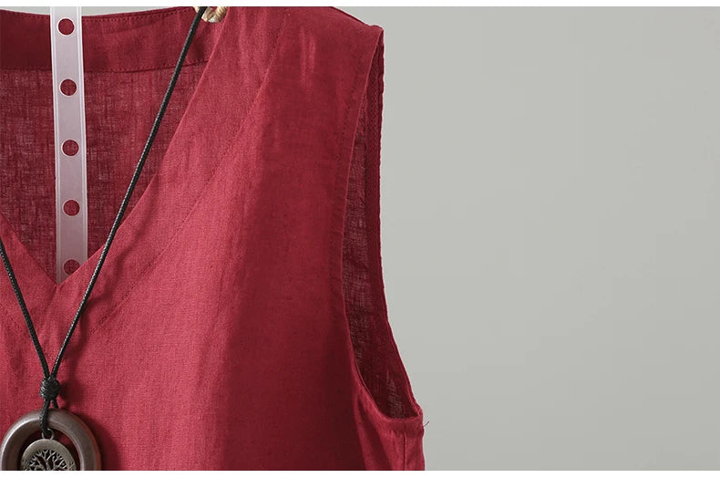 Slimming Pure Color Cotton Linen Lightweight Sleeveless round Neck Inner Wear Large Size Women's Fashionable Versatile Top