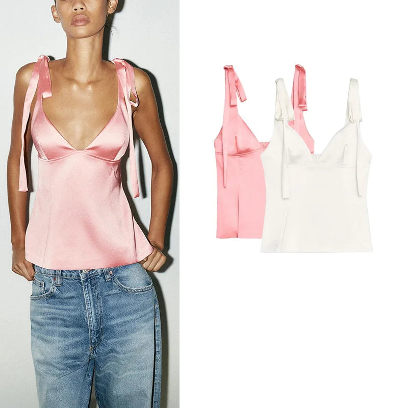 Summer New Women's Simple Style V-neck Sleeveless  Knot Decorated Silk Satin Feel Strap Top Original Design Slim Fit