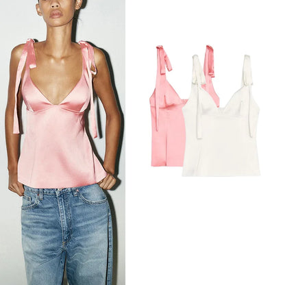Summer New Women's Simple Style V-neck Sleeveless  Knot Decorated Silk Satin Feel Strap Top Original Design Slim Fit