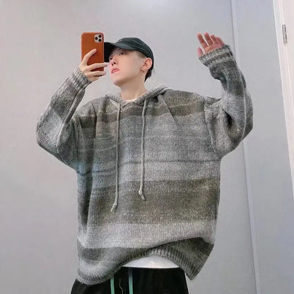 Color matching sweater in autumn and winter Men's China-Chic lazy retro loose striped hooded knitting INS casual versatile coat