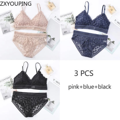 3 Piece Set Bra Sexy Lace Beauty Back Suit Underwear Gather Seamless Women's Underwear Panties Comfortable Lingerie