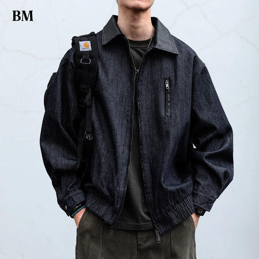 Mens Denim Jacket American Vintage Washed Raw Blue Loose Fit Streetwear Casual Workwear Relaxed Fit Urban Fashion High Quality
