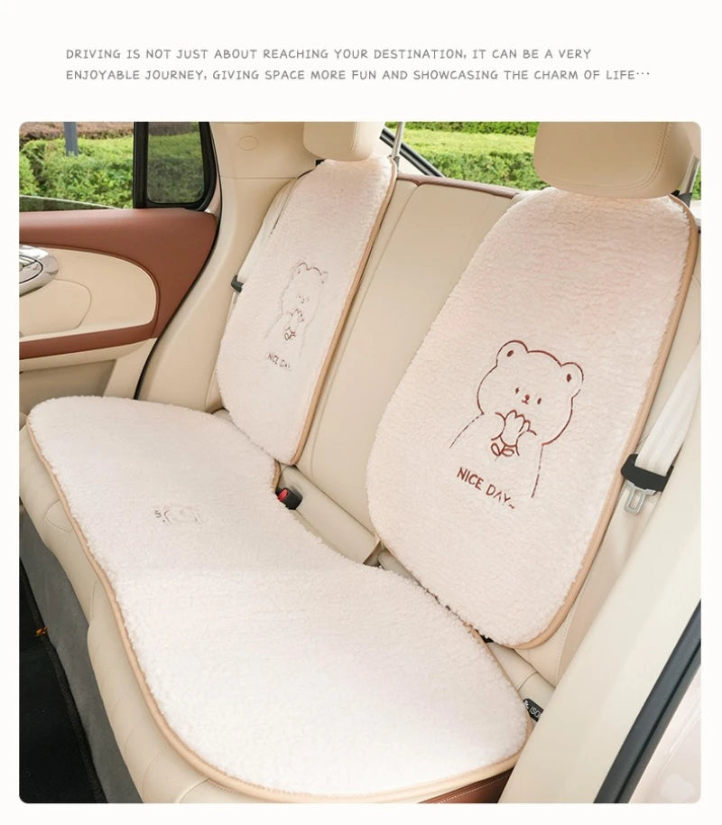 Premium Fuzzy Bear Car Seat Cushion Autumn Winter Thermal Vehicle Seat Cover with Thick Padding Cute Animal Themed Car Accessory