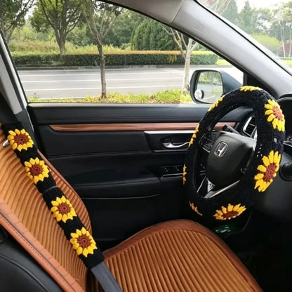 Warm Anti Slip Hand Crocheted Flower Steering Wheel Cover Simple Stylish Winter Decor Car Steering Wheel And Seat Belt Accessory