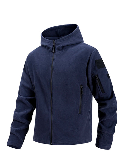 Men's Hiking Tactical Fleece Full Zip Hooded Jacket Multi-Zipper Pockets Design Autumn Winter Warm Outdoor Sports Coat for Men