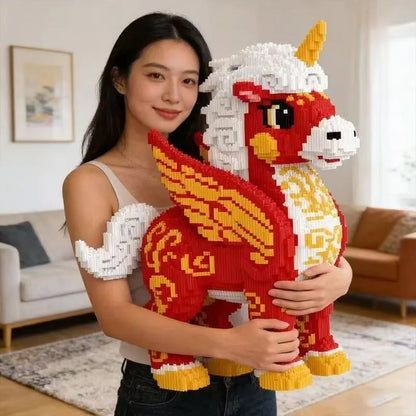 Large 30cm Lucky Zodiac Red Horse Building Blocks Educational Puzzle Toy 2026 New Year Gift