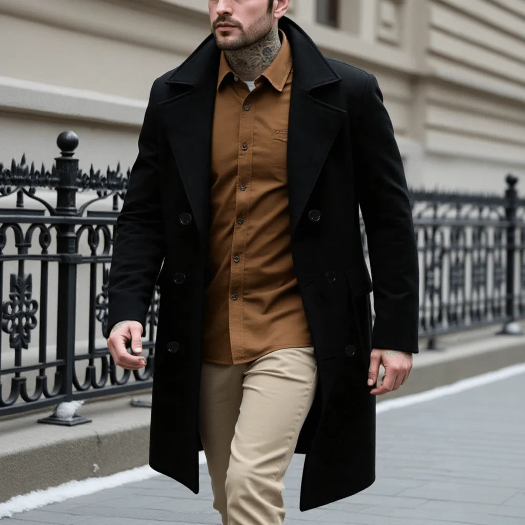 New Men's Elegant Woolen Overcoat Long Jacket For Early Autumn Warm Outdoor Street Style Commute Wear Double-Breasted