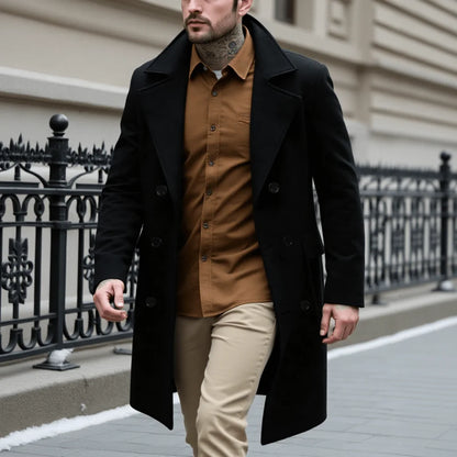 New Men's Elegant Woolen Overcoat Long Jacket For Early Autumn Warm Outdoor Street Style Commute Wear Double-Breasted