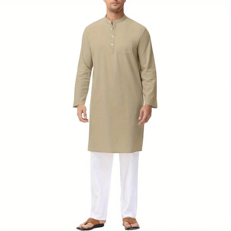 Mens Cotton Ethnic Long Sleeve Robe Side Slit Button Up Henley Shirt Traditional Outfit