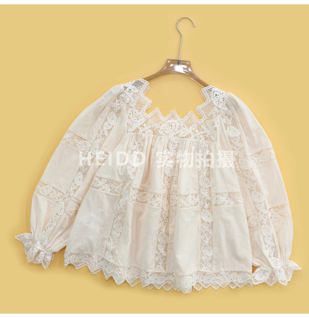 HEIDD Gentle Wave Collar Embroidered Heavy Work Loose Shirt Women's Spring 2026 Breathable Long Sleeve Cotton Gentle Style
