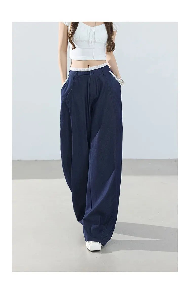 American-style retro loose wide-leg pants, lightweight curved pants, cool lace splicing, versatile casual pants for women