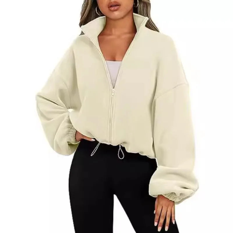 New Fashion Fall Winter Women's Short Zipper Hoodie Cropped Sweatshirt Drawstring Waist Puff Sleeve Pullover Y2k Clothing