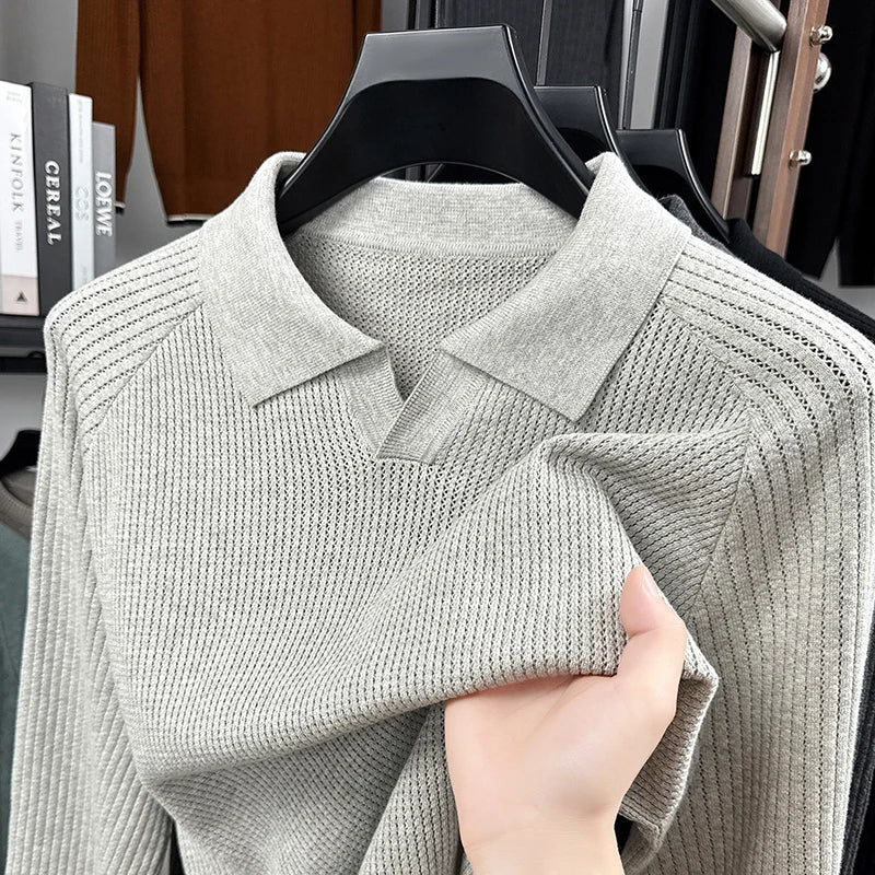 Men's 100% Cotton Long Sleeve Polo Shirt Pineapple Texture Seagull Collar Shape Retaining Wrinkle-Free Hot Seller Casual Fashion