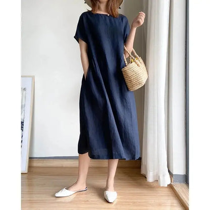 Casual Cotton Linen Dress Artistic Short Sleeve Midi Skirt Women's Fashion Summer round Neck Single Piece A-Line Skirt