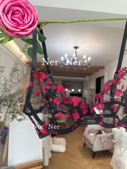 Sweet Sexy Lace Lingerie Set, Floral Embroidery Sheer Mesh, Thin Cooling, Big Bust Relief, Japanese Daily Women Underwear 32-38
