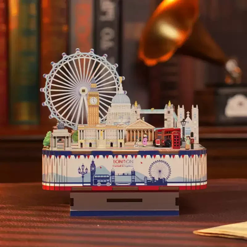 New Tonecheer New York London Paris Music Box Wooden Puzzle Blocks Diorama Model Kit 3D Wooden Doll Decoration Toy Birthday Gift