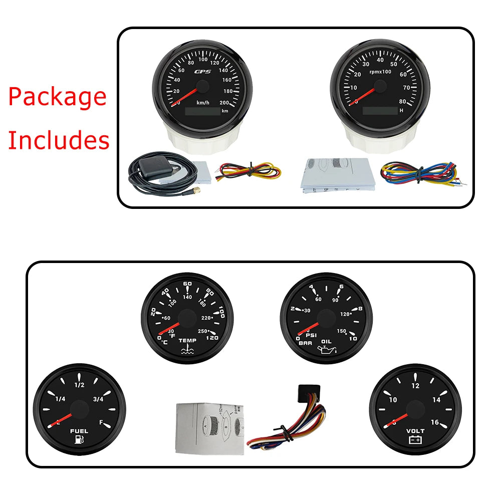 ELING 6 Gauge Set 85mm GPS Speedometer with Tachometer with 52mm Water Temp Oil Pressure Fuel Level Voltmeter with Backlight