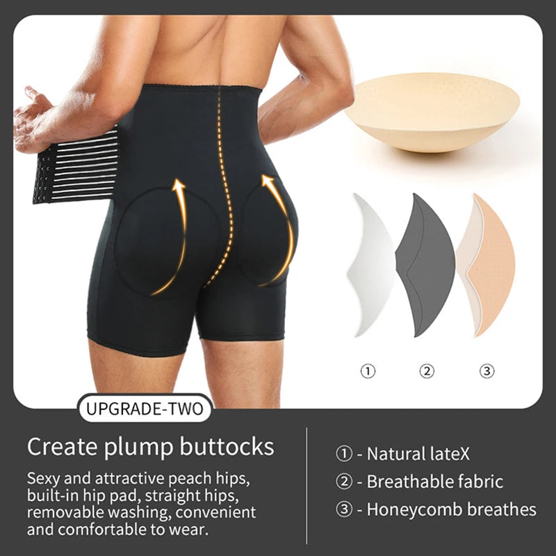 Men Tummy Control Underpants Waist Trainer Slimming Shapewear Padded Butt Lifter Hi-Waist Shorts Compression Body Shaper Boxer