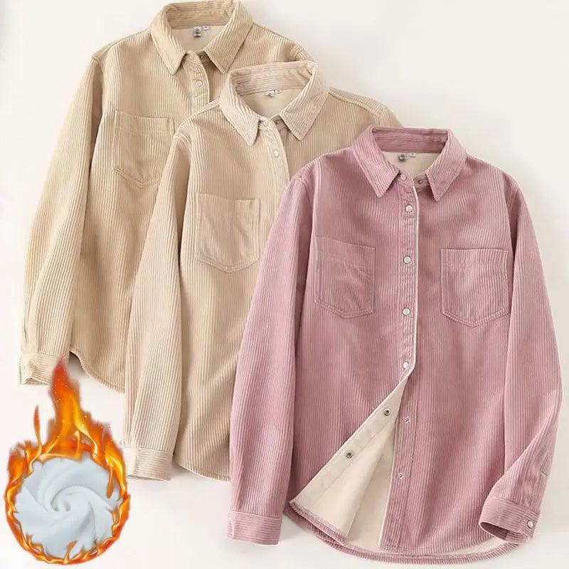 Autumn Winter Thickened Fleece Women's Long Sleeve Shirt Pure Color Corduroy Open Cardigan Loose Top Outerwear Jacket