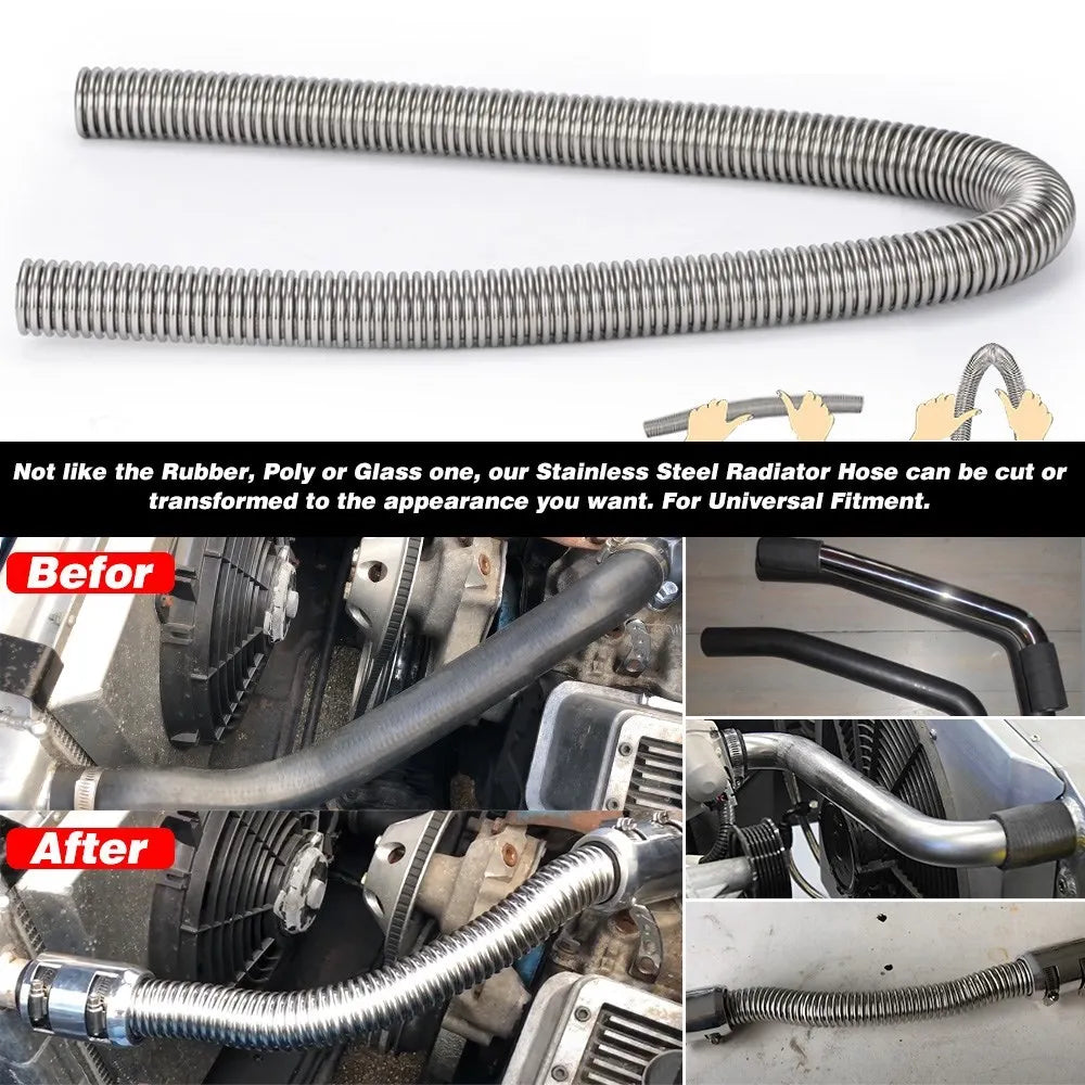 Universal 24" 36" 48" Car Engine Cooling Stainless Steel Radiator Hose Kit and Stainless Steel With Chrome-Plated Cap Clamp