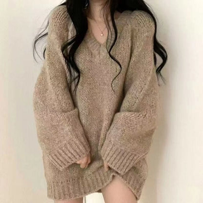 plus Size Lazy Style V-Neck Soft Cozy Knitted Sweater Women's Autumn Winter Loose Small Figure Top Retro Style Loose Fit Knit...