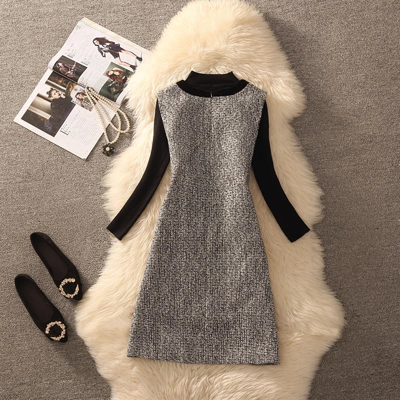 Spring Autumn Winter Tweed Color Block Vest Skirt Set  Knot Elegant Fashionable Two Piece Set Women's Luxury Style