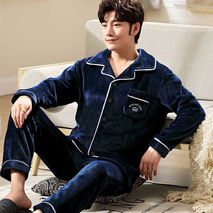 Men's Winter Thickened Fleece Pajamas Coral Velvet Home Clothes Set New Style Long Sleeve Stand Collar Couple's Outfit