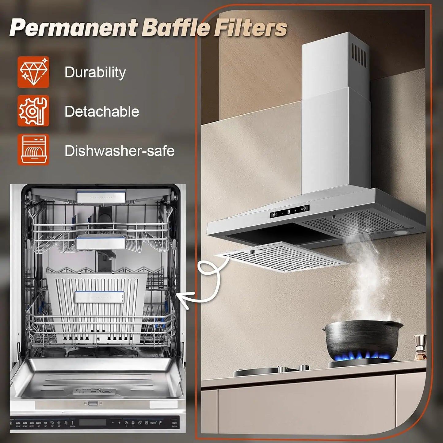 24/30 Inch Wall Mount 450CFM Stainless Kitchen Vent Gesture Sensing & Touch Control 3 Speed Range Hood