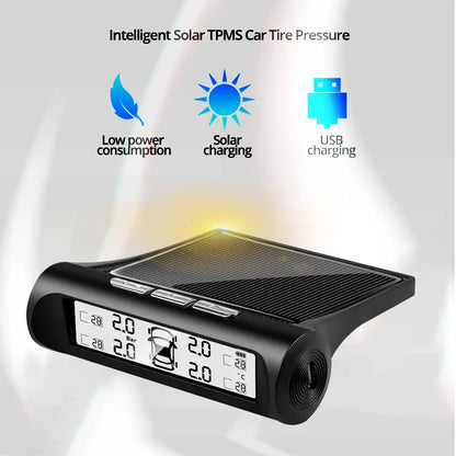 Solar Power TPMS Tire Pressure Alarm Digital Display With 4 External Sensors Car Auto Tester Warning Presssure Monitoring System