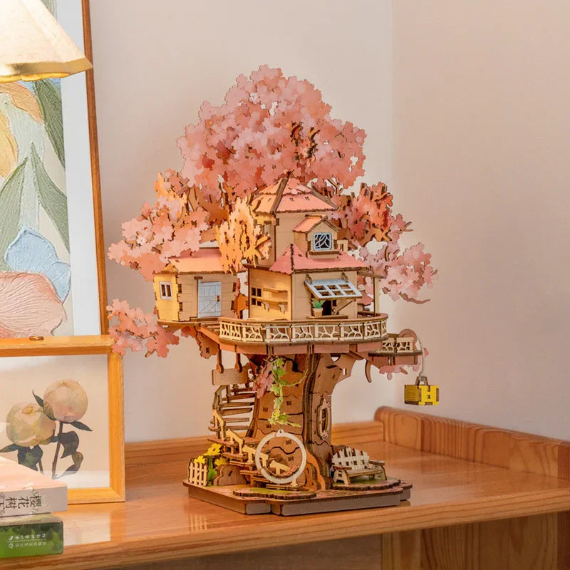 Rolife Sakura Tree House 3D Puzzles DIY Model Building Toy Wooden Craft Kits Hobby for Adult Brain Teaser Gift for Home Decor