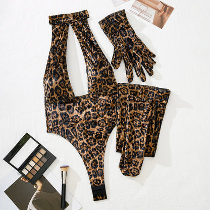 2025 Explosion Models Women's Sexy Lingerie Leopard Print Jumpsuit Hollow Jumpsuit Stockings Gloves Erotic three-piece Set