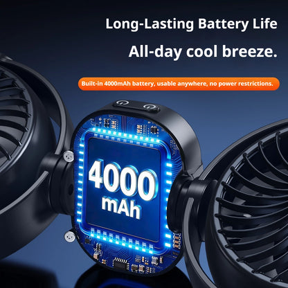 Eary Dual Head Car Rear Headrest Fan 4000mAh Rechargeable 3 Speeds 360°Rotatable Car Back Seat Fans Mount for Vehicles Suv Truck