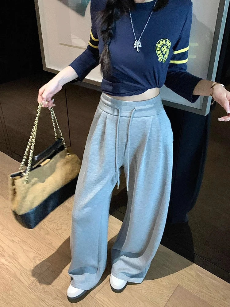 High Waist Wide Leg Sport Pants Women Loose Lazy Style Spring Autumn Casual Straight Long Trousers Comfortable High Waist