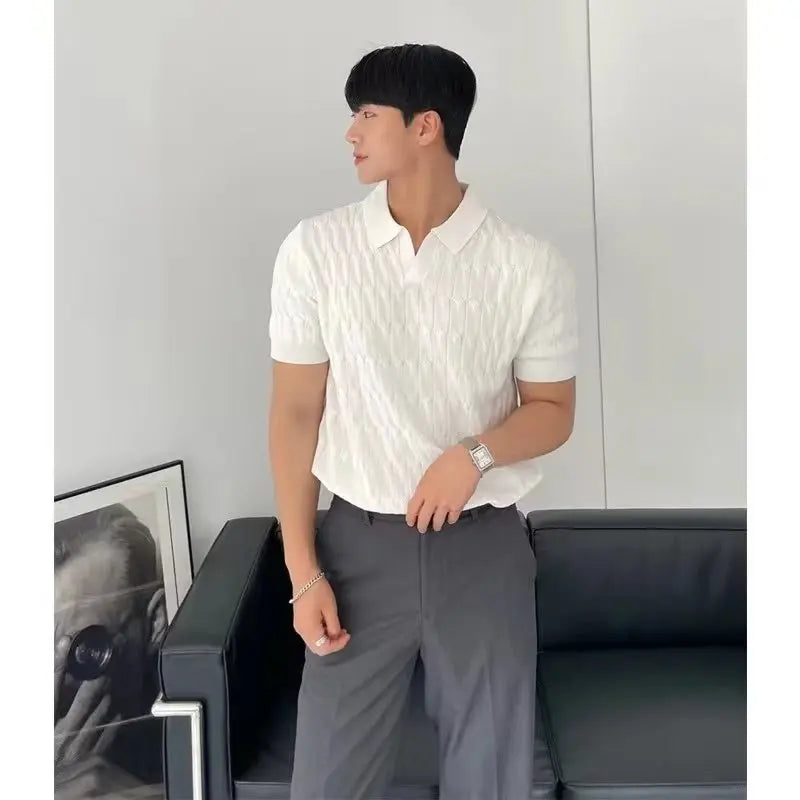 Men's Cable Knit Polo Shirt Short Sleeve V Neck Casual Summer Top 2026