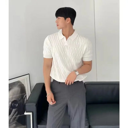 Men's Cable Knit Polo Shirt Short Sleeve V Neck Casual Summer Top 2026