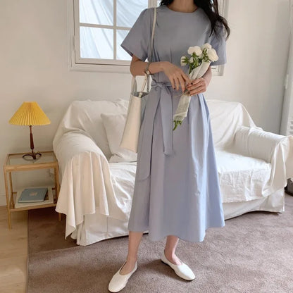 Elegant Pure Color Slim Fit Dress with Belt High Waist Spring Summer Autumn Short Sleeve Casual High Waist Skirt