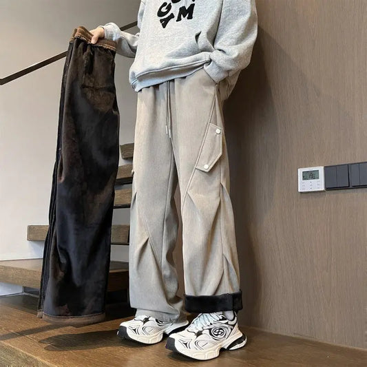 Men’s Grey Green Corduroy Pants Winter Warm Jogger Trousers Loose Straight Fit American High Street Style Cargo Utility Design