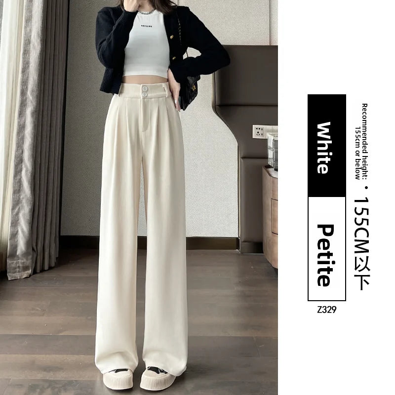 White Corduroy Wide Leg Pants Women's Autumn Winter Slim Straight Drapey Small Size Fleece Lined Suit Trousers