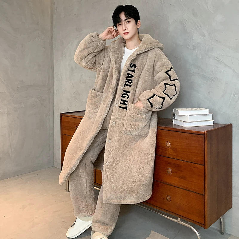 Long Coral Fce Spwear Men's Winter Casual plus Size Home Clothes Robe Youth Leisure Straight Leg Pants Button Closure