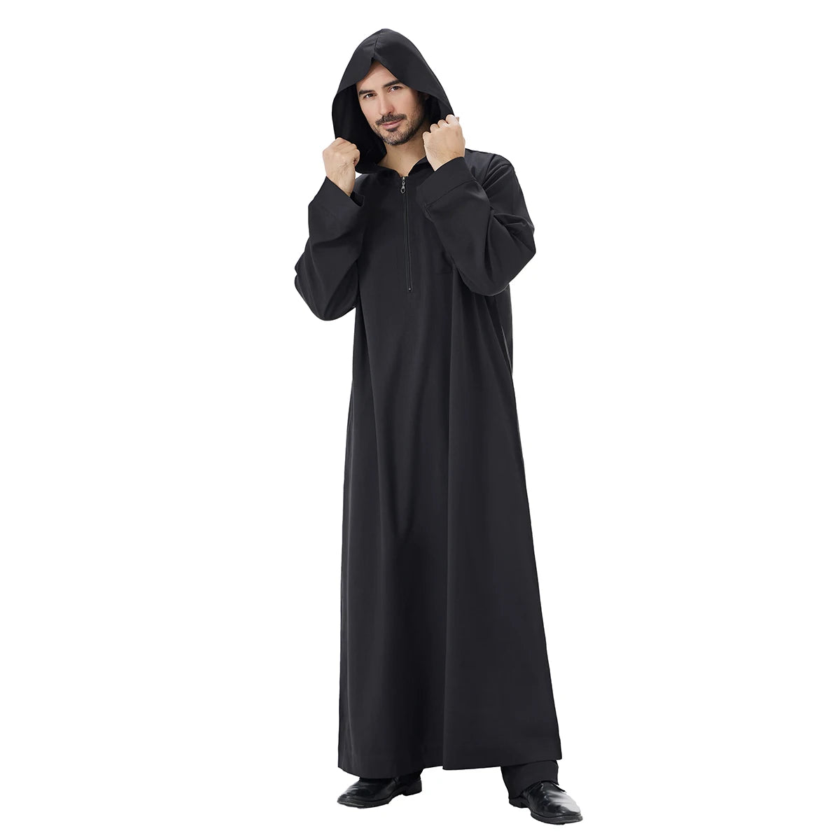 TH848 Men's Muslim Middle Eastern Men Long Sleeves Hooded Solid Color Zipper Robe Arab Male Jubba Thobe