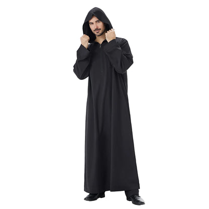 TH848 Men's Muslim Middle Eastern Men Long Sleeves Hooded Solid Color Zipper Robe Arab Male Jubba Thobe