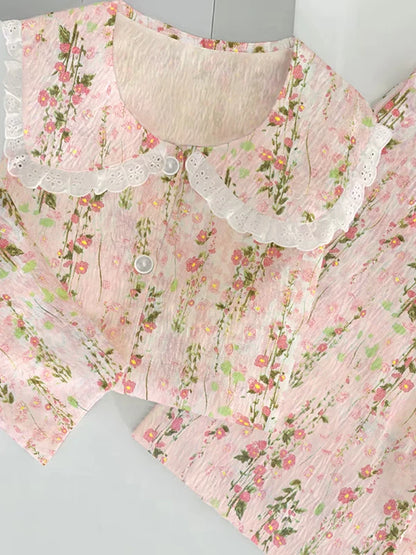 Cloud Cotton Sleepwear Set for Women Casual Spring Autumn Long Sleeve Long Pants Home Clothes  Plant Floral Print